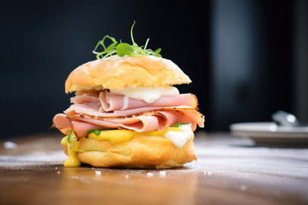 brioche sandwich with ham and cheese close-upの素材