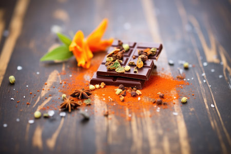 chocolate bar with chili flakes on rustic woodの素材