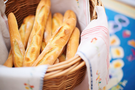 artisan ciabatta loaves in a linen-lined basketの素材