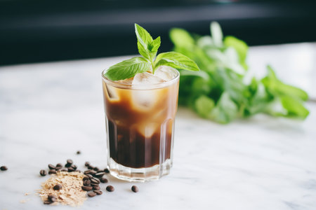 cold brew coffee with mint sprig garnishの素材