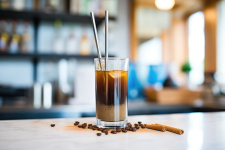 cold brew coffee in glass cup with metal strawの素材