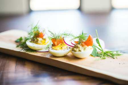 deviled eggs in an egg carton for a rustic lookの素材