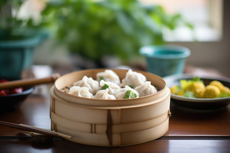 a basket of freshly steamed dumplings over a rustic tableの素材