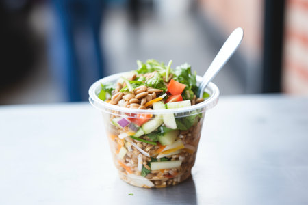 farro salad in a to-go container with plastic forkの素材