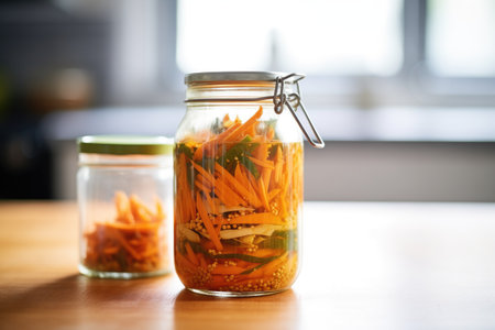 bubbling action visible in a jar of actively fermenting carrots and gingerの素材
