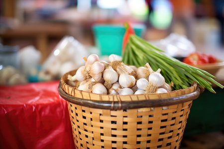 fermented garlic in a market basket, fresh produce aroundの素材