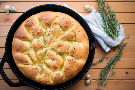 overhead shot of focaccia in a cast iron skillet with garlic clovesの素材
