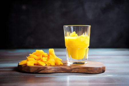 mango juice in a glass, mango chunks on sideの素材