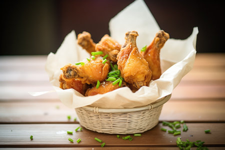 fried chicken drumsticks in a paper-lined basketの素材