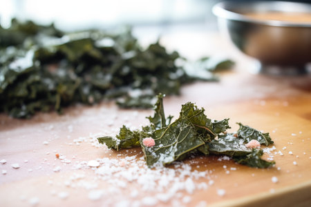 close-up of seasoned kale chips with sea saltの素材