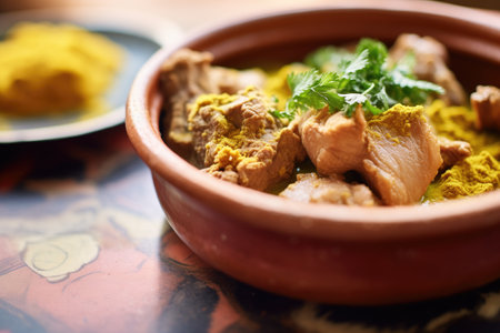 close-up of korma with steam, visible lamb chunks, in a clay bowlの素材