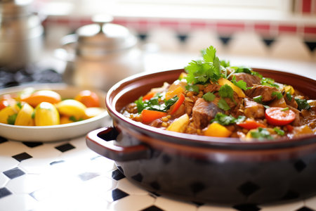 lamb tagine in pot with lid off, on tiled countertopの素材