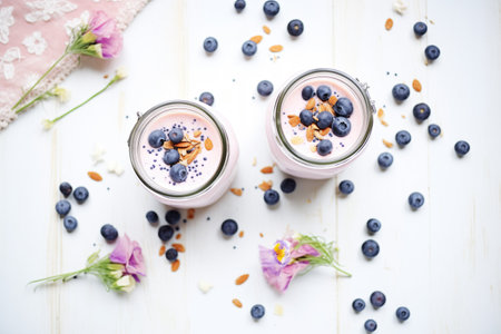 blueberry lassi in mason jars, fresh blueberries scatterの素材