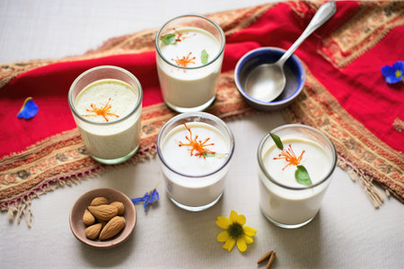 vegan lassi variations with almond milk, labels on jute clothの素材