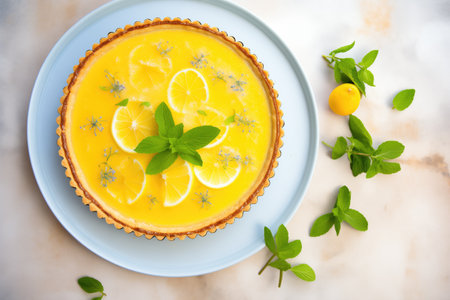 top view of a lemon tart with a mint leaf garnishの素材