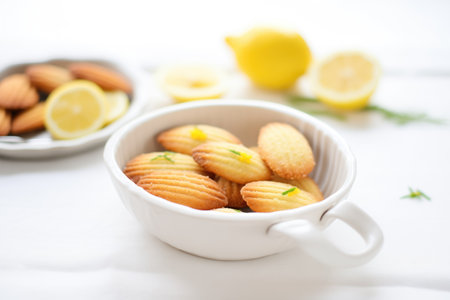 lemon zest madeleines with fresh lemon slices nearbyの素材