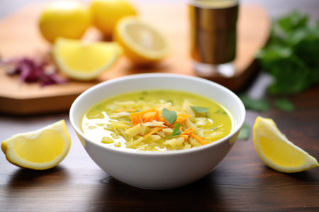 mulligatawny soup with a lemon wedge on the side of the bowlの素材