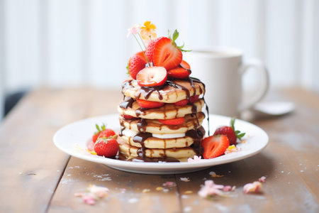 chocolate-stuffed pancakes with strawberries and chocolate drizzleの素材