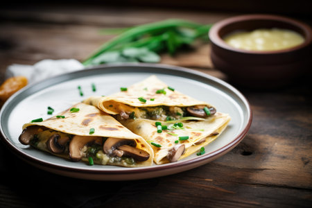 mushroom and cheese quesadilla on rustic tableの素材