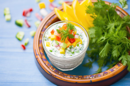 colorful bell pepper raita with diced peppers on topの素材