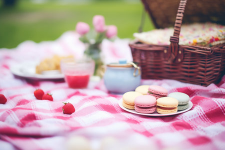 picnic setting with raspberry macarons on a checkered blanketの素材
