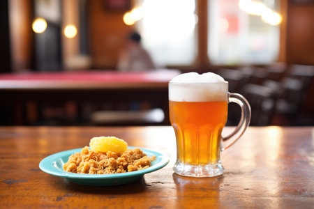 frosty beer glass next to a hot shepherds pie on a pub tableの素材