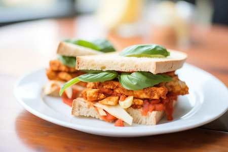 italian tempeh sandwich with marinara sauce and vegan mozzarellaの素材