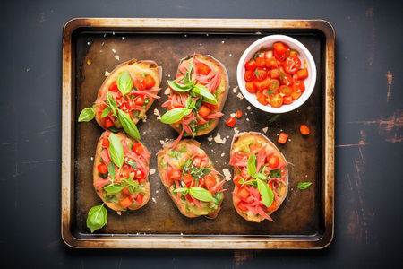top view of tomato and basil bruschetta arranged on a rustic metal trayの素材