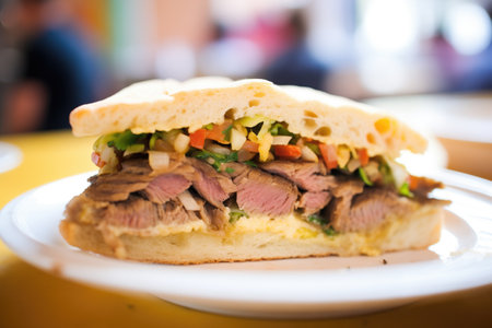 close-up of a beef torta with visible grill marksの素材