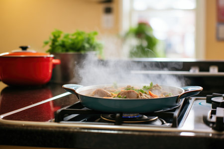 cooking a torta on a stovetop with steam risingの素材