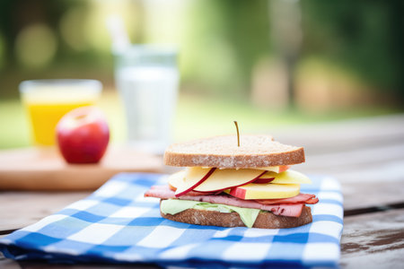 salami sandwich with cheddar on a picnic table with an appleの素材