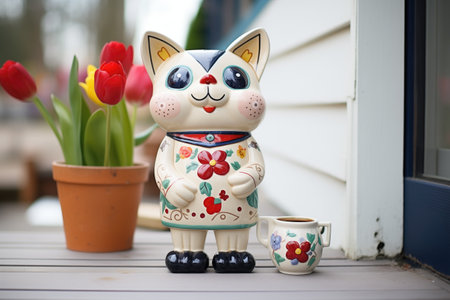 ceramic bunny with an array of tulips on a porchの素材
