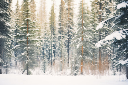 snowcovered conifers in a winter forest sceneの素材