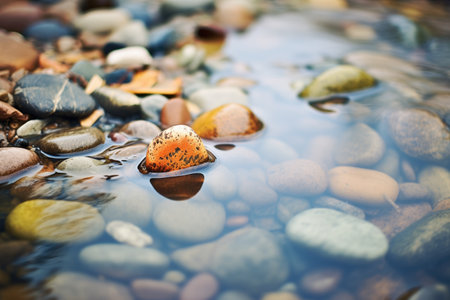 crisp water flowing over round river stonesの素材