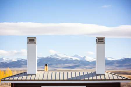 dual chimneys on prairie lodge, mountain range in the distanceの素材