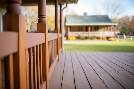 closeup of wooden porch railings with farmhouse backdropの素材