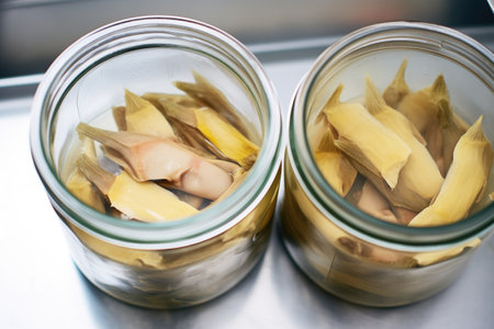 close-up of canned artichoke hearts in brineの素材