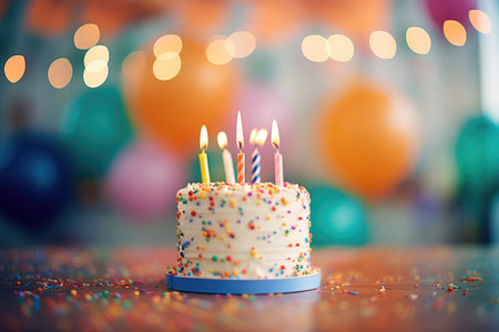 cake with a lit birthday candle, unfocused backgroundの素材
