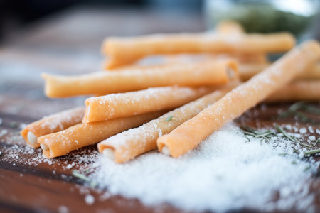 close-up of breadsticks with coarse sea salt on topの素材