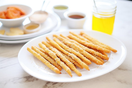 breadsticks with sesame seeds on a white platterの素材