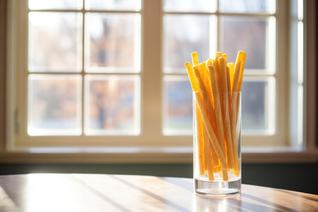 breadsticks in a tall glass with a sunny window backdropの素材