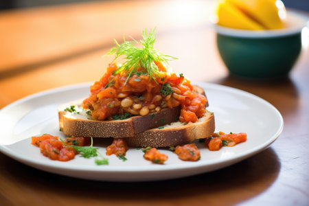 baked beans on toast with grilled tomato slice and parsley garnishの素材