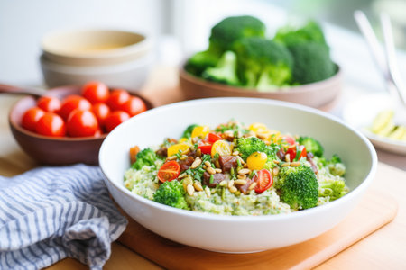 vegan broccoli rice salad with cherry tomatoesの素材