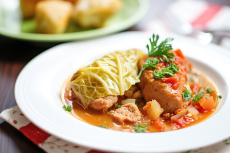 serving of cabbage rolls on a plate with a side of sour creamの素材