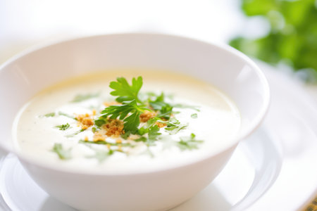 close-up of creamy soup in white bowl with parsley garnishの素材