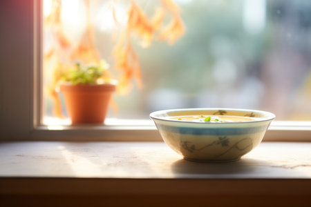 bowl of soup on windowsill, nature background, soft lightingの素材