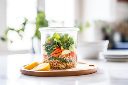 farro salad in glass jar, layered with fresh spinachの素材