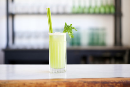 celery juice in a tall glass, celery sticks nearbyの素材