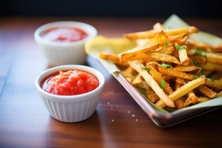 crosscut fries with ketchup in a dipping bowlの素材