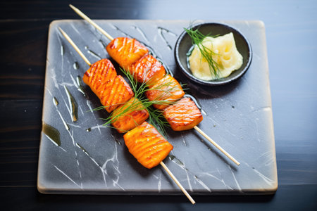 griddle-cooked halloumi with char marks on a slate surfaceの素材